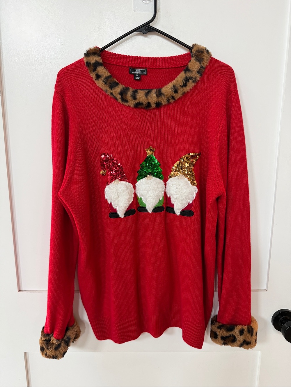 Red Holiday Gnome Sweater with Leopard Trim - LISA INTERNATIONAL- XL